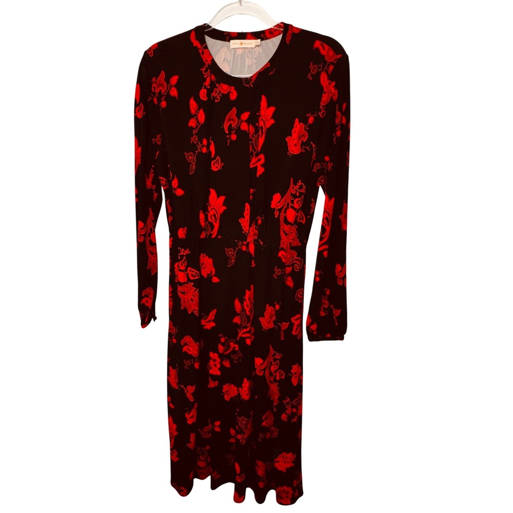 Tory Burch Black Red Floral Midi Dress Medium Classic Luxury Church Office Goth - Picture 3 of 9